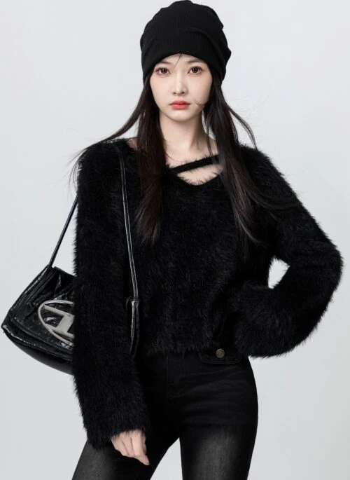 Black Vneck Fuzzy Knit Sweater