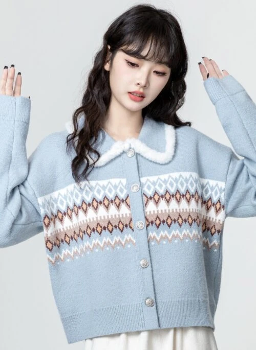 Blue Fair Isle Knit Cardigan Sweater