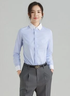 Blue Pinstripe Shirt With White Collar | Yoon Joo Won – Family By Choice