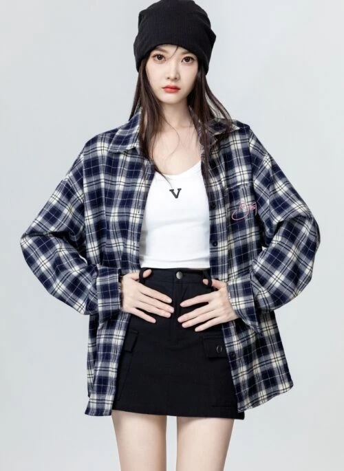 Blue Plaid Embroidered Shirt Jacket