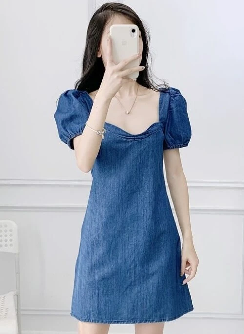 Blue Vintage Puff Sleeves Denim Dress | Jihyo – Twice