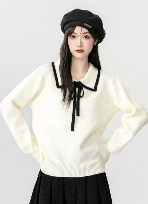 Bow Tie Contrast Collar Sweater