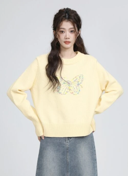 Butterfly Jacquard Yellow Knit Sweater