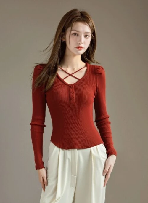 Chic Red Knit Cross Vneck Sweater