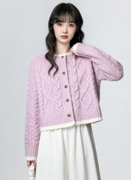 Chunky Knit Cardigan Sweater Lilac