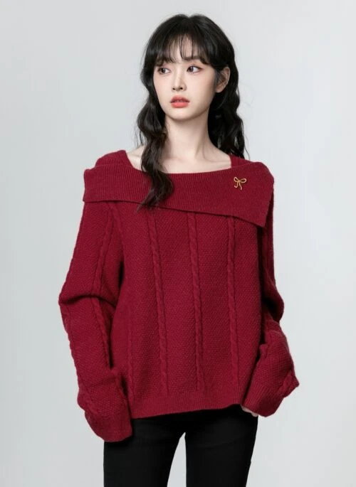 Chunky Knit Red Offshoulder Sweater