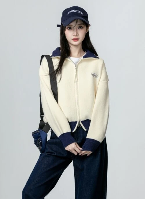 Colorblock Turtleneck Knit Cardigan Sweater