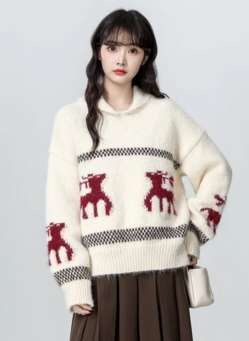 Cozy Oversized Christmas Reindeer Knit Sweater