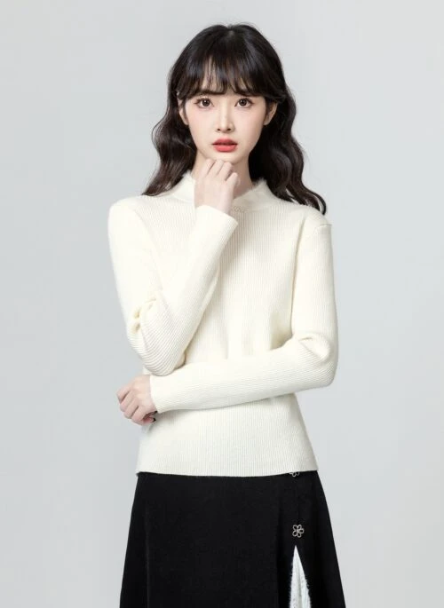 Cream High Neck Fleece Knit Sweater