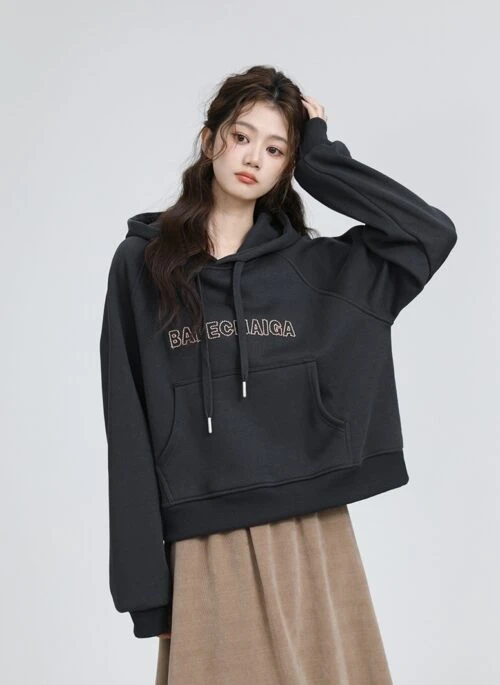 Dark Gray Embroidered Fleece Hoodie