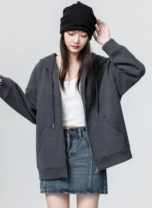 Dark Gray Plush Hooded Sweatshirt Jacket