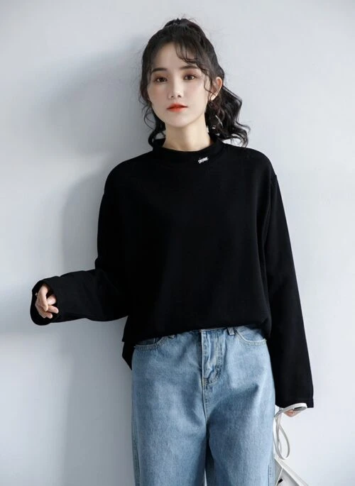 Embroidered Black Mock Neck Top