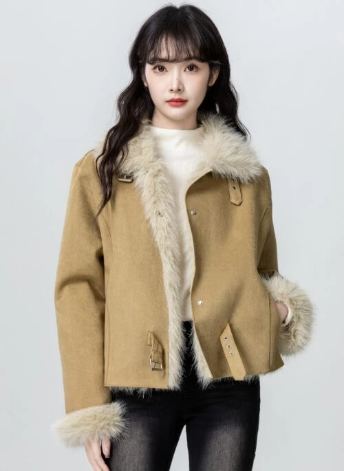 Faux Suede Fleece Jacket With Fur Collar