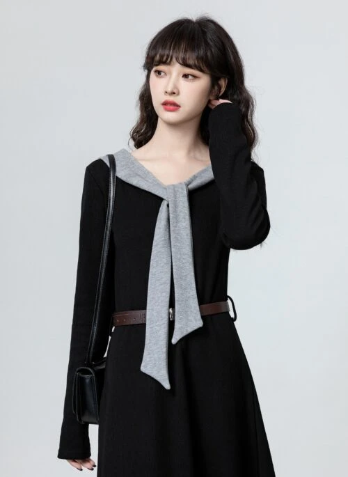 French Black Hooded Aline Dress