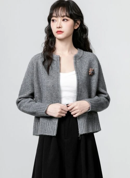 Gray Bear Knit Zip Cardigan Sweater