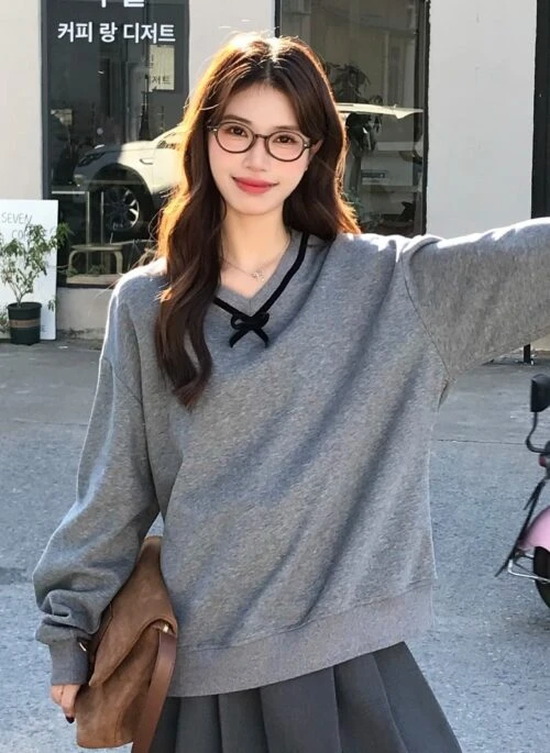 Gray Bow Vneck Pullover Sweater