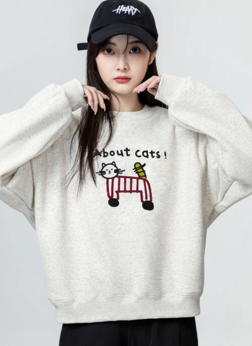 Gray Cartoon Embroidered Pullover Sweatshirt