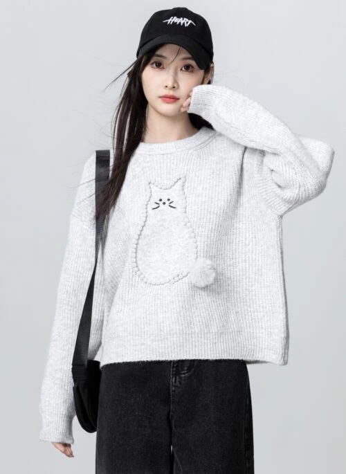 Gray Cartoon Knit Sweater Pullover