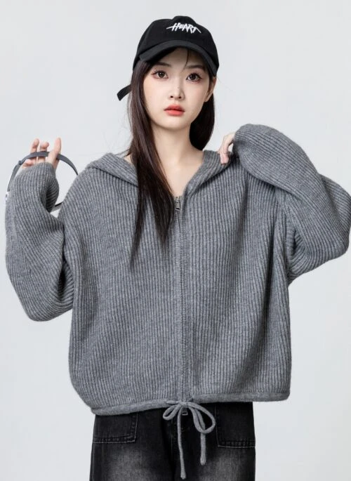 Gray Knit Hooded Zipper Cardigan Sweater