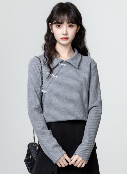 Gray Knitted Polo Collar Top