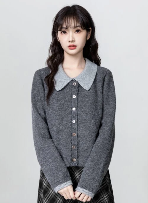 Gray Polo Collar Knit Sweater