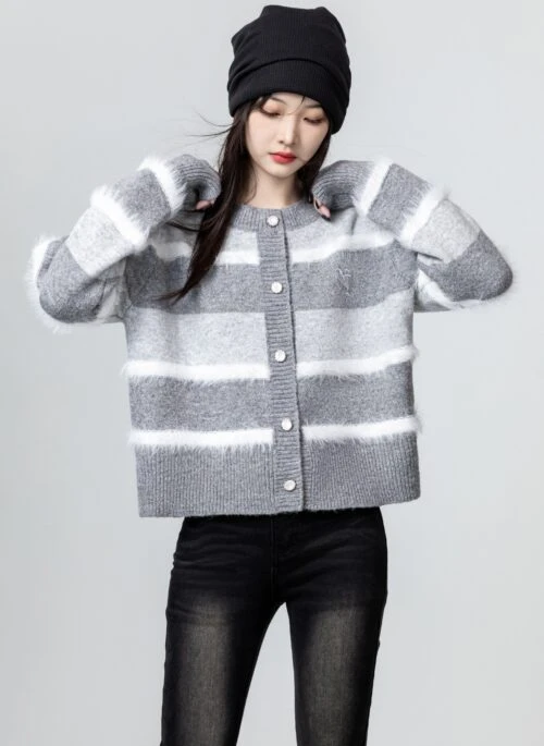 Gray Striped Knit Cardigan Sweater