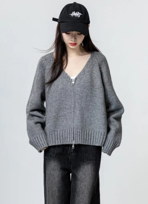 Gray Vneck Knit Cardigan Sweater