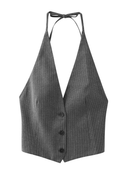 Grey Pinstripe Halter Vest Top | Nayeon - Twice