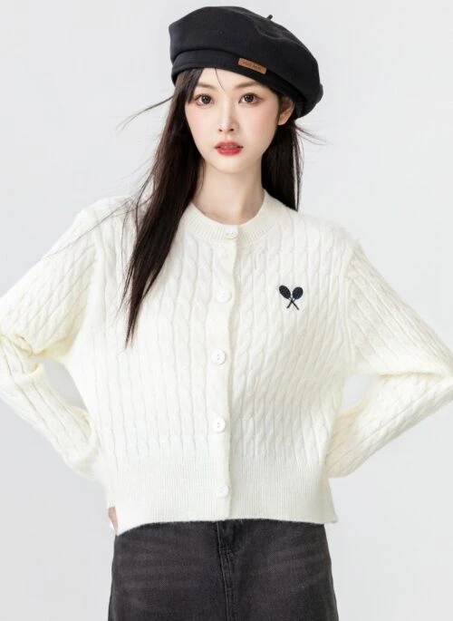 Heart Embroidered Cable Knit Cardigan