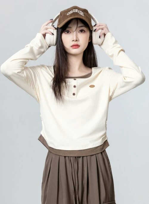 Irregular Pleated Long Sleeve T-Shirt Top