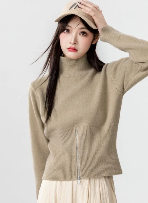 Khaki Turtleneck Thick Knit Sweater