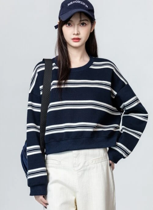 Navy Striped Pullover Sweatshirt