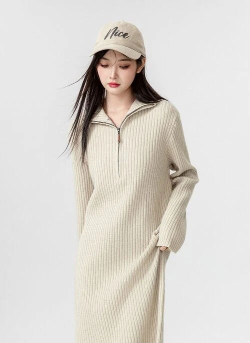 New Beige Long Sleeve Knit Dress