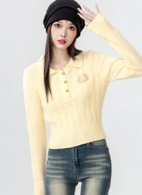 New Yellow Cable Knit Polo Sweater