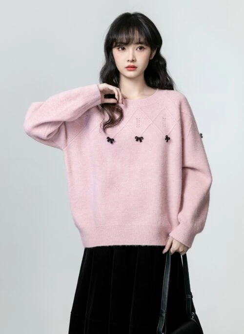 Pink Bow Loose Knit Sweater