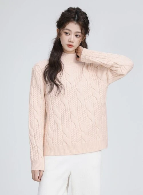 Pink Cable Knit Turtleneck Sweater