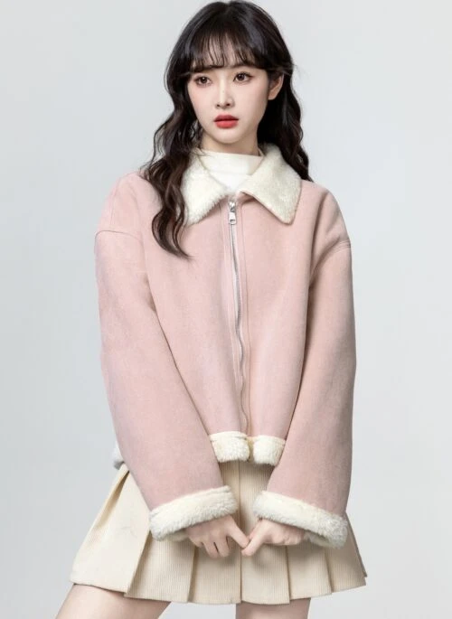 Pink Shearling Suede Short Coat