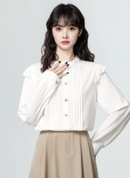 Pleated Ruffle Long Sleeve Blouse