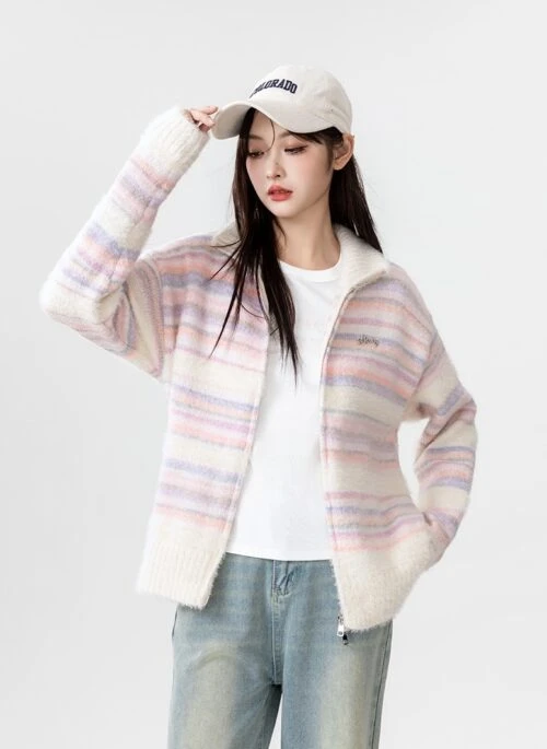 Rainbow Striped High Neck Cardigan Sweater