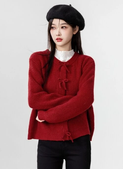 Red Bow Knit Cardigan Sweater