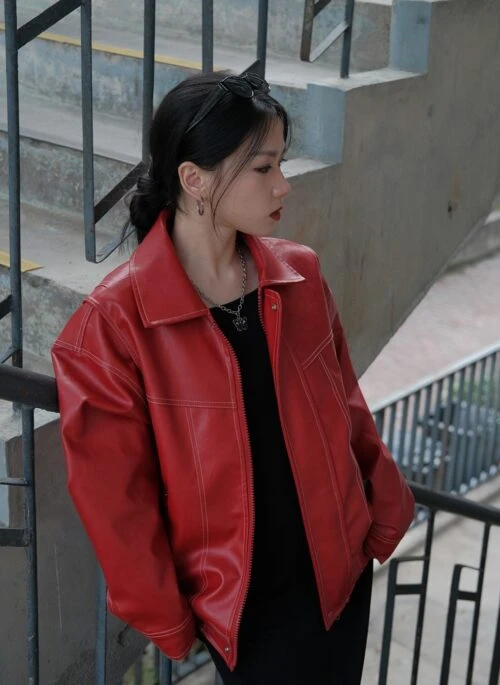 Red Collared Faux Leather Jacket | Changbin – Stray Kids