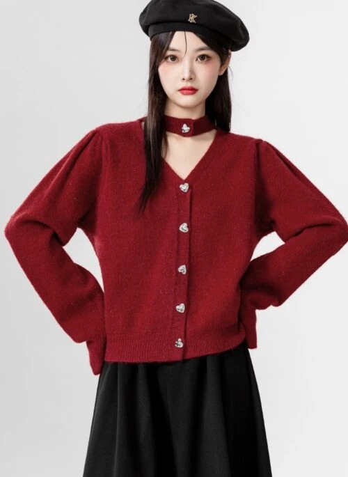 Red Vneck Knit Cardigan Sweater