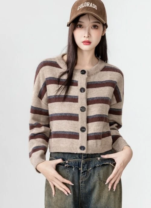 Retro Striped Knit Cardigan Sweater