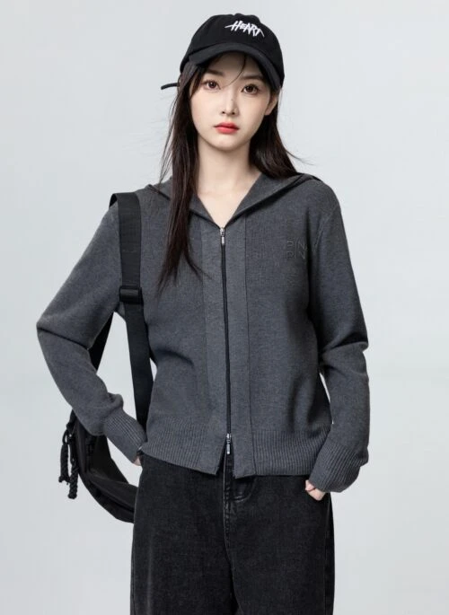 Short Gray Hooded Knit Cardigan