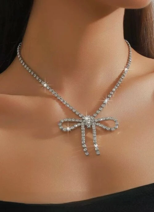 Silver Crystal Studded Bow Necklace | Irene – Red Velvet