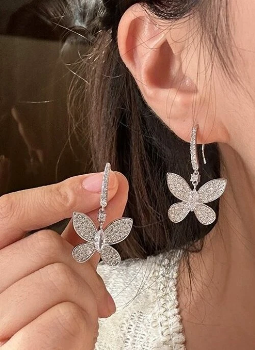 Silver Diamond Butterfly Hook Earrings | Sana – Twice