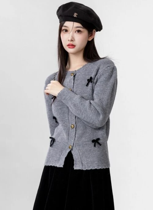 Vintage Bow Grey Knit Cardigan Sweater