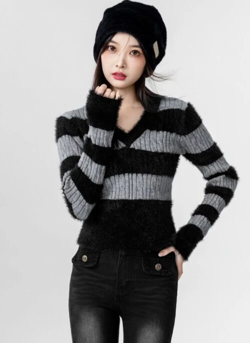 Vintage Vneck Striped Knit Sweater