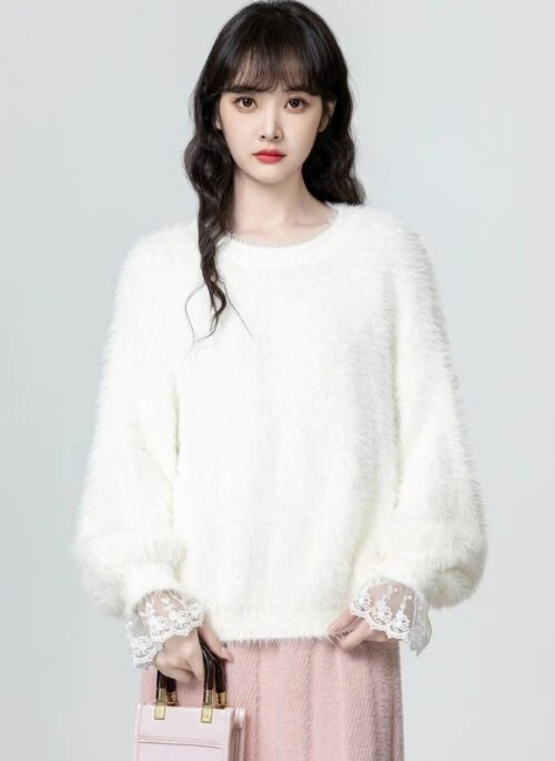 White Mohair Sweater With Lace Trim