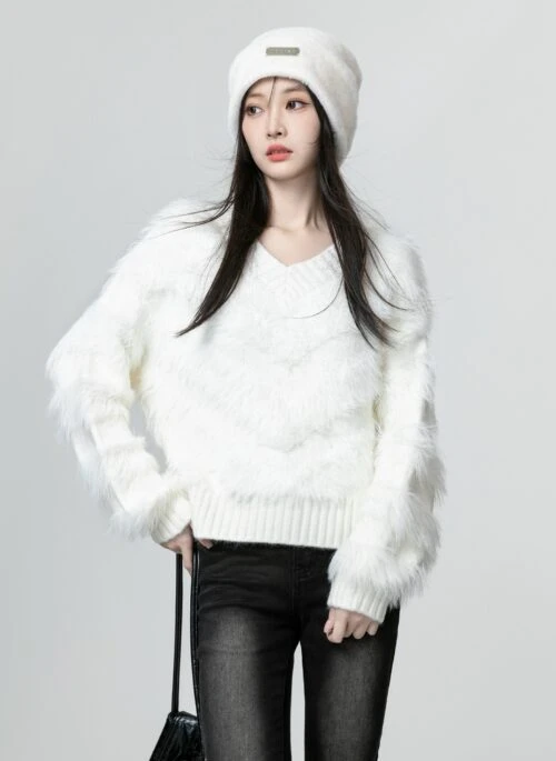 White Soft Knit Vneck Sweater